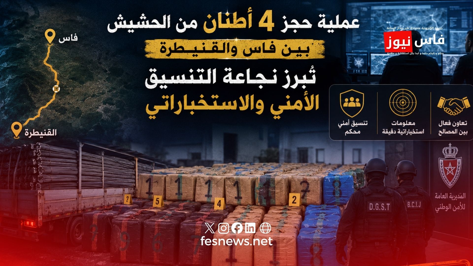 The seizure of 4 tons of cannabis between Fez and Kenitra highlights the effectiveness of security and intelligence coordination